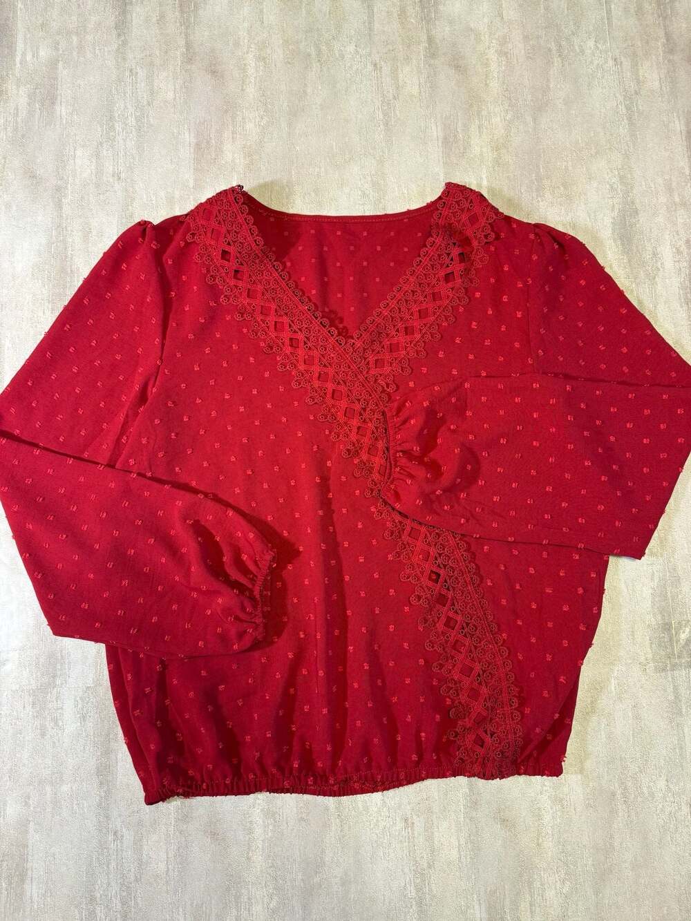 Red‎ Swiss Dot Long Sleeve Blouse with Lace Trim, Size M